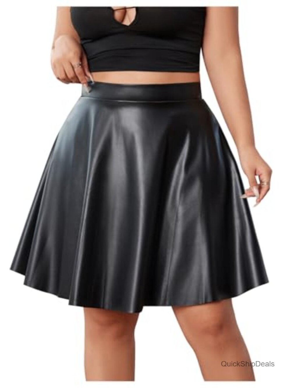 Plus Ruched PU Leather High Waist A-Line Flare Skirt